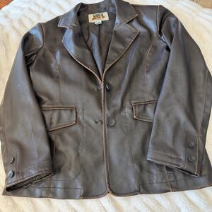 VTG 90s RQT Brown Faux Leather Blazer Jacket Womens Size S 3 Button